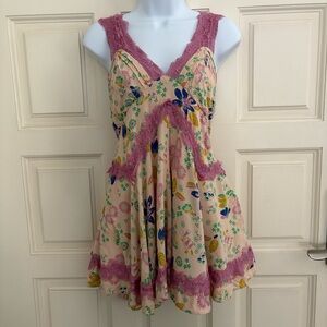 Urban Outfitters Cream Floral Slip Dress with Mauve Lace